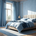 **Bedroom Serenity:** Soft blue bedroom, cozy fabric textures, natural light streaming through sheer curtains, creating a tranquil and peaceful atmosphere.