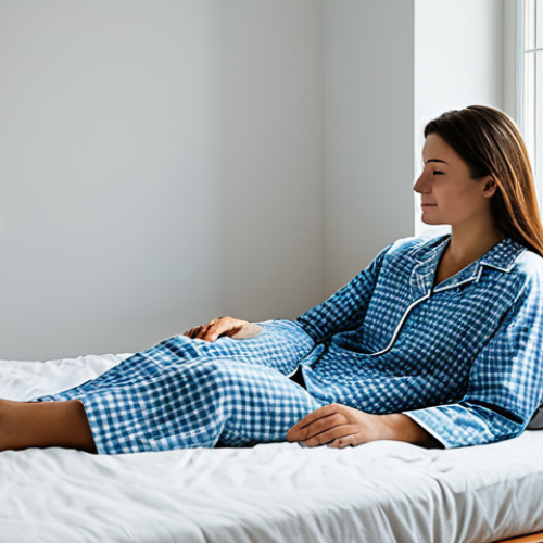 A serene adult individual, fully clothed in modest, comfortable sleepwear, relaxing on a bed in a minimalist bedroom. The room is softly lit by natural window light, creating a peaceful atmosphere. No electronic devices are visible, emphasizing a calm, EMF-free sanctuary. The person has perfect anatomy, correct proportions, and a natural, relaxed pose. Well-formed hands and proper finger count are visible. This image promotes a family-friendly environment and is safe for work and appropriate content, representing a tranquil, fully clothed scene.