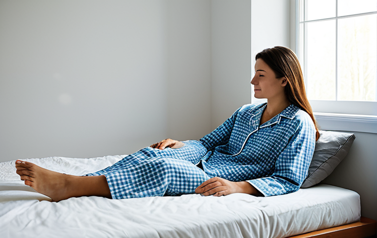 A serene adult individual, fully clothed in modest, comfortable sleepwear, relaxing on a bed in a minimalist bedroom. The room is softly lit by natural window light, creating a peaceful atmosphere. No electronic devices are visible, emphasizing a calm, EMF-free sanctuary. The person has perfect anatomy, correct proportions, and a natural, relaxed pose. Well-formed hands and proper finger count are visible. This image promotes a family-friendly environment and is safe for work and appropriate content, representing a tranquil, fully clothed scene.